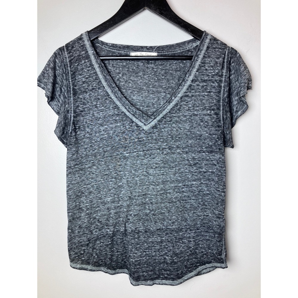 We The Free Free People Gray Burnout V-Neck Flutter Sleeve Tee Small